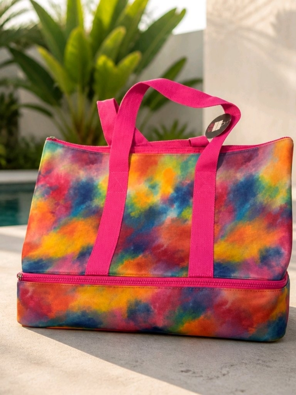 No Boundaries Multicolor Tie-Dye Travel Tote with Hot Pink Handles